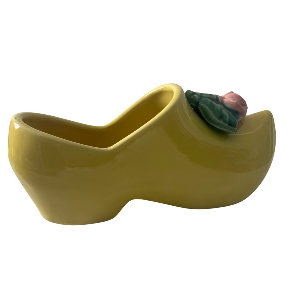 McCoy Dutch Shoe Yellow Planter Pink Rose Stamped